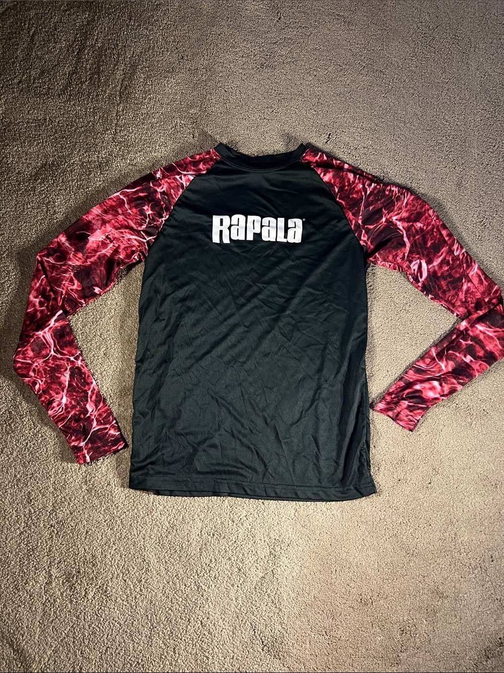 Rapala Black Raglan Fishing Shirt Long Sleeve with Red Marble Sleeves